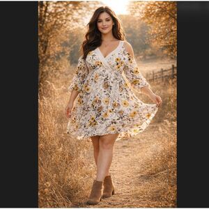 Torrid Floral Skater Dress 0X L 12 Ivory Boho Gauze Cold Shoulder Fall Cottage